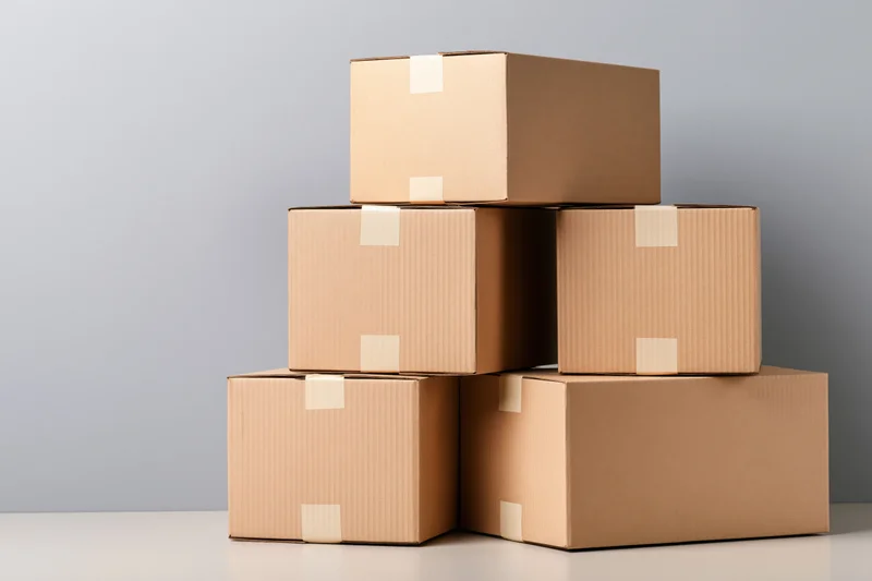 Five sealed cardboard shipping boxes stacked in a pyramid arrangement on a plain surface