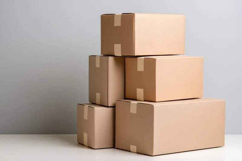 Five sealed cardboard shipping boxes stacked in a pyramid arrangement on a white surface against a gray wall