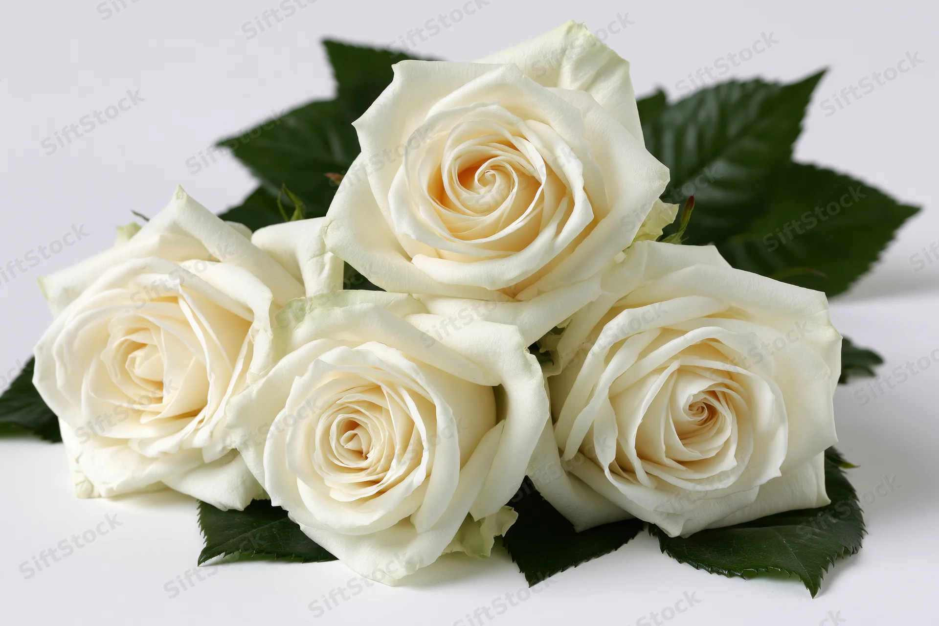 Five white roses in full bloom arranged in a loose cluster with green leaves on a white surface