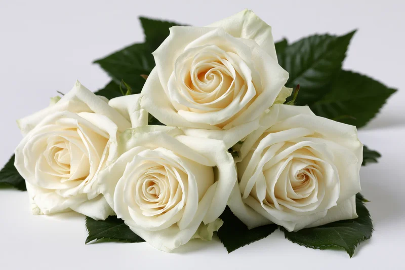 Five white roses in full bloom arranged in a loose cluster with green leaves on a white surface