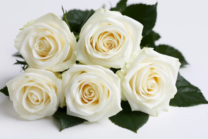 Five white roses in full bloom arranged in a loose cluster with green leaves on a white background