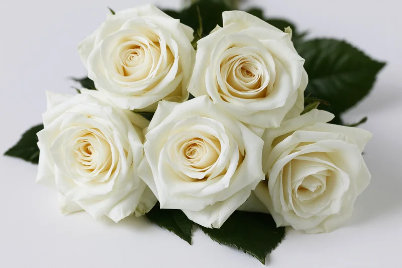 Five white roses arranged in a loose cluster with green leaves on a white surface