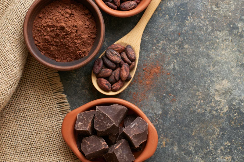 Cocoa powder and roasted cacao beans in clay bowls with chocolate chunks on stone surface, flat lay view