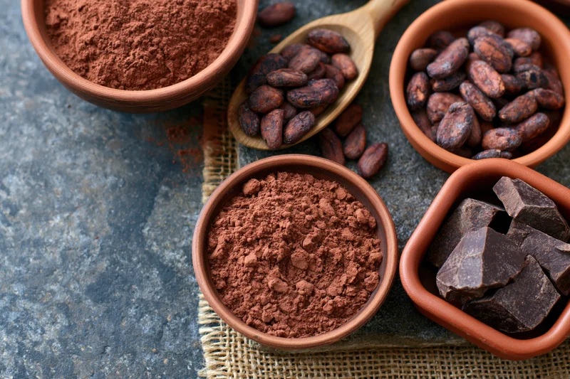 Cocoa powder and roasted cacao beans in clay bowls arranged on stone and burlap surface