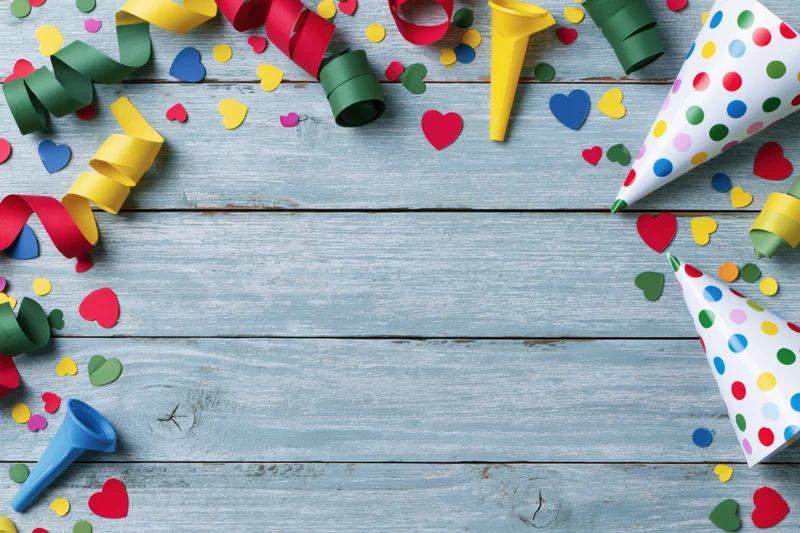 Colorful party decorations arranged as a border on a wooden surface with copyspace in the center