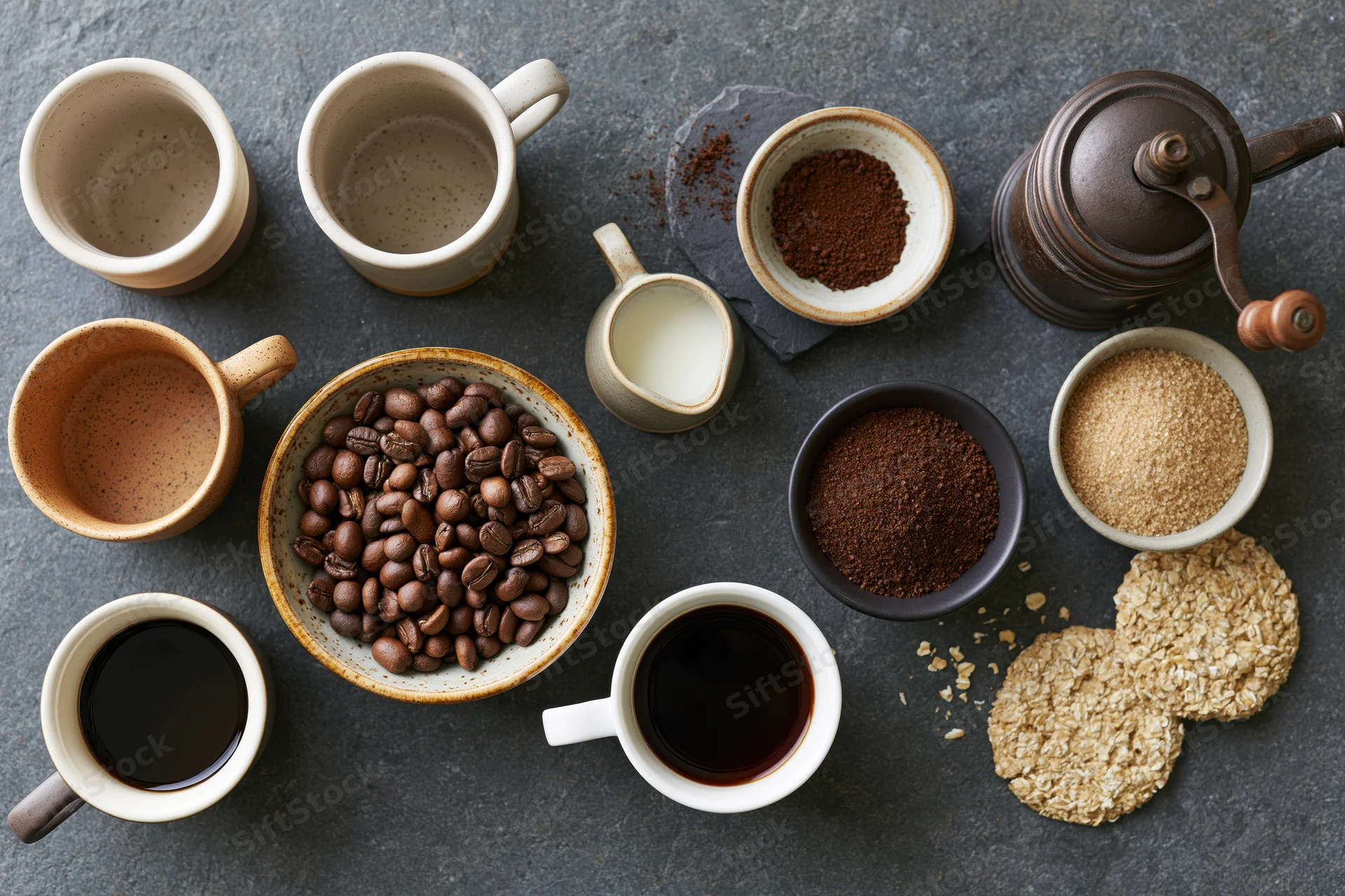 Overhead flat lay of coffee mugs, beans, grinder, and oatmeal on dark slate surface