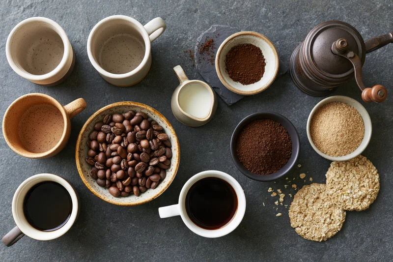 Overhead flat lay of coffee mugs, beans, grinder, and oatmeal on dark slate surface