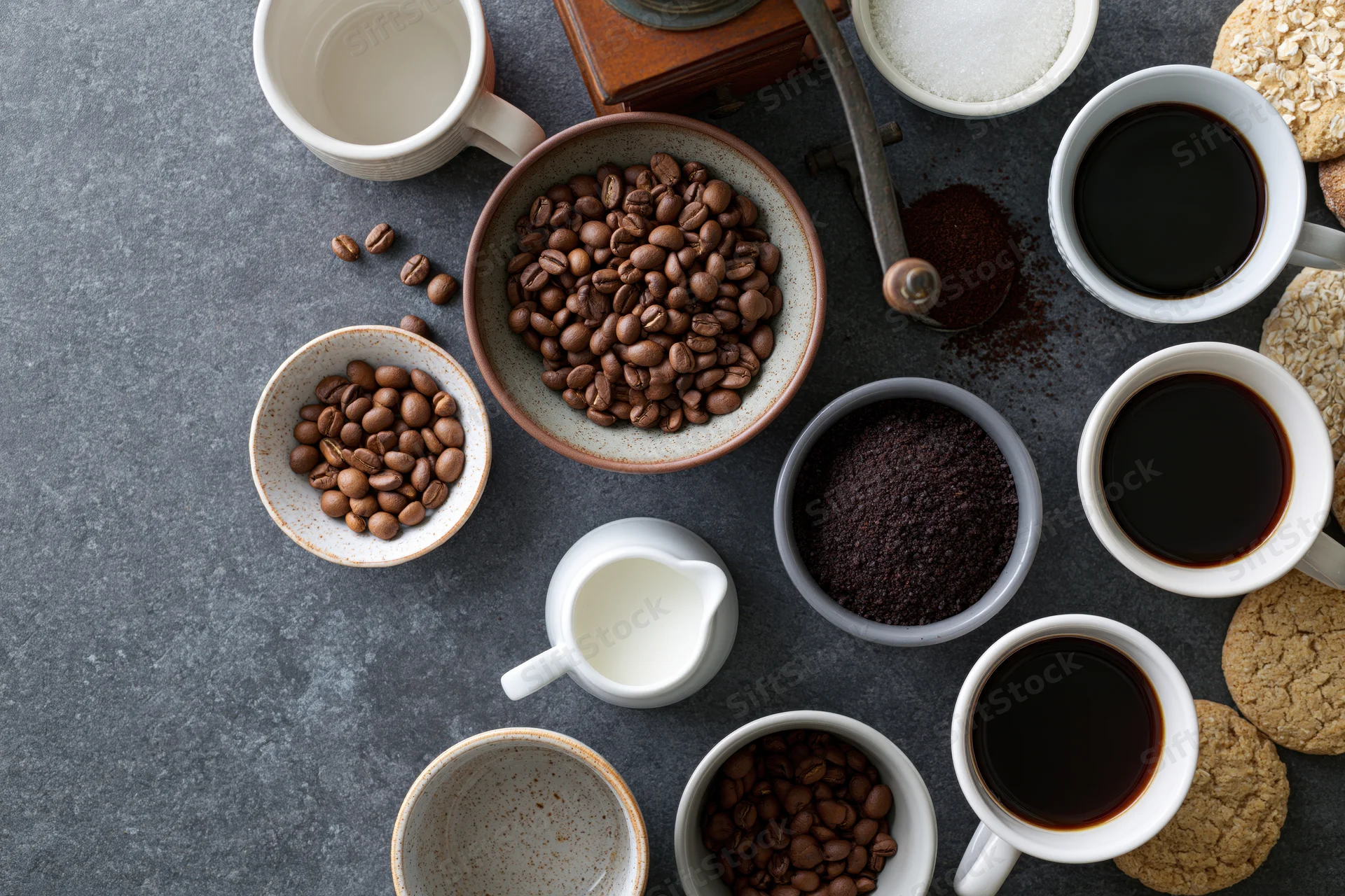 Coffee beans and brewing ingredients arranged on a gray stone surface in a flat lay overhead composition