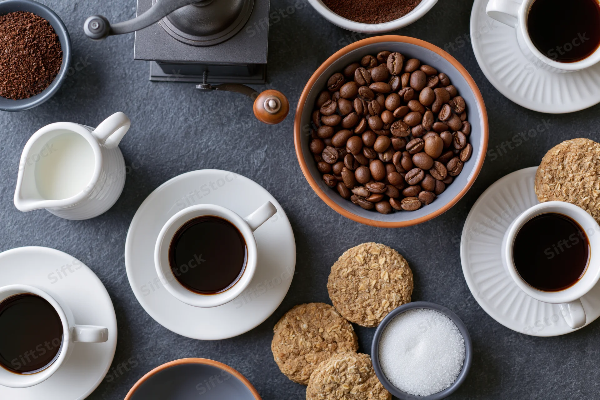 Overhead flat lay of coffee cups, beans, milk, sugar and cookies on dark surface