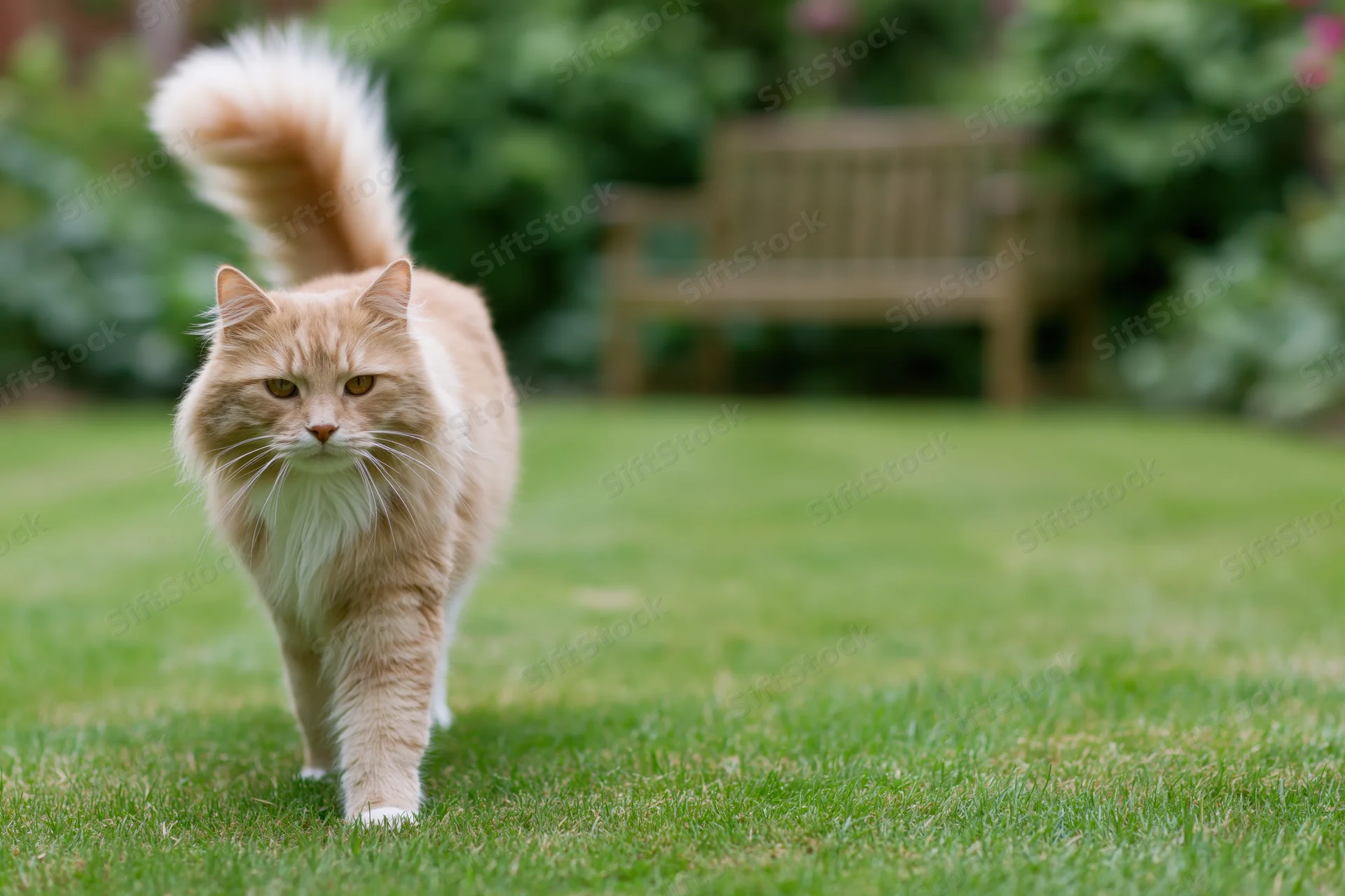 Fluffy ginger longhaired cat walking on green grass in a garden