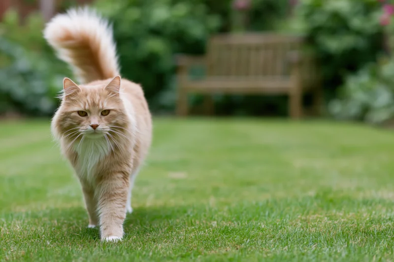 Fluffy ginger longhaired cat walking on green grass in a garden