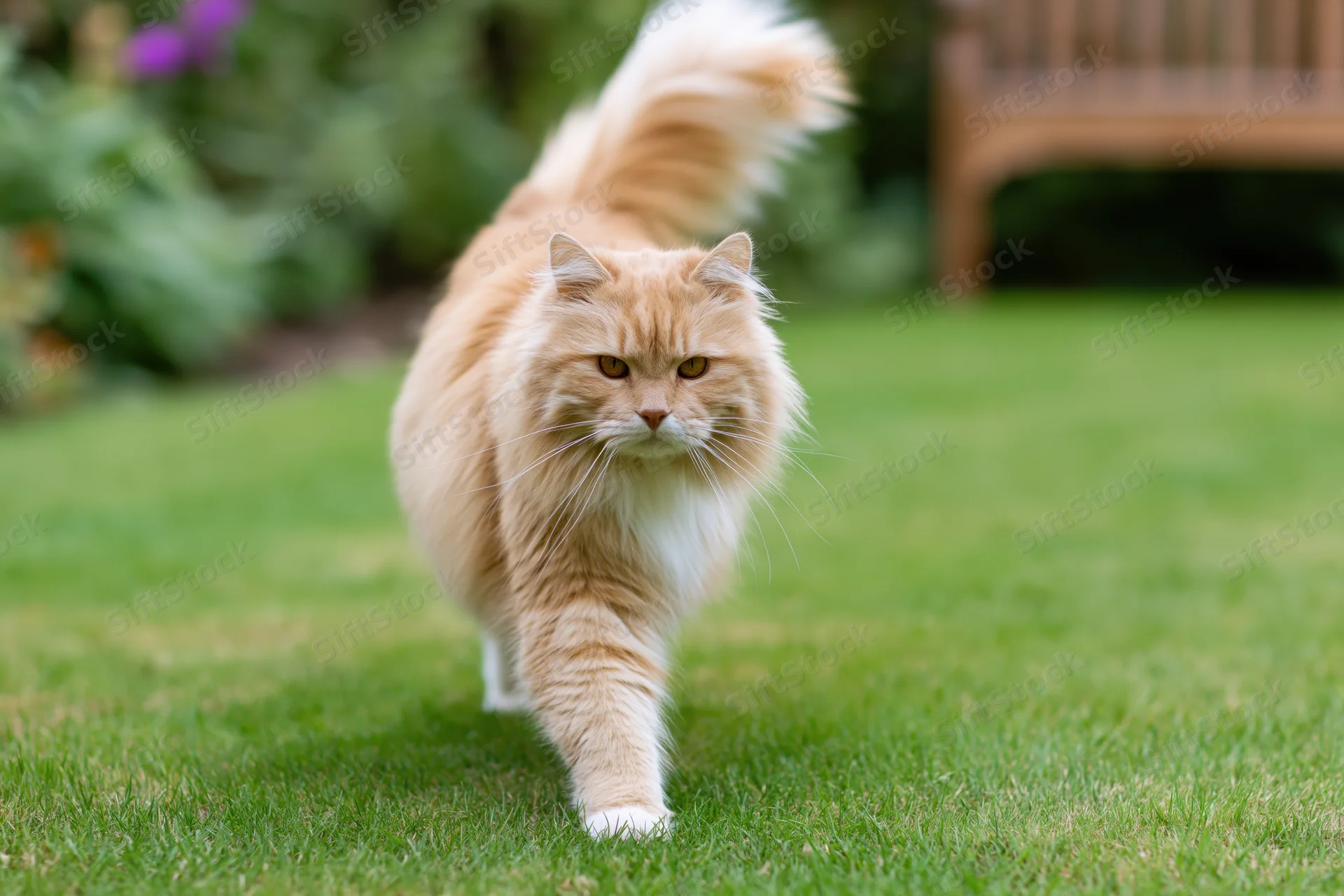 Fluffy ginger longhaired cat walking on green grass in a garden