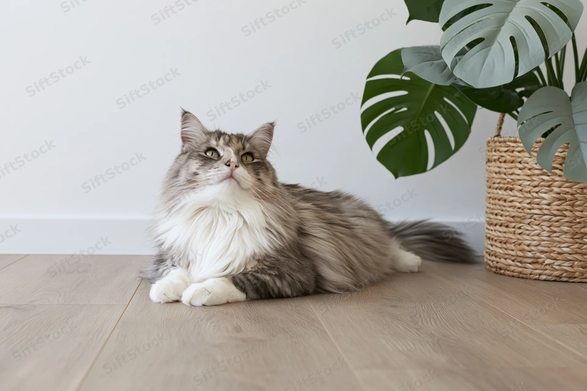Fluffy grey and white long-haired cat lying relaxed on light wood floor beside a potted monstera plant in a wicker basket