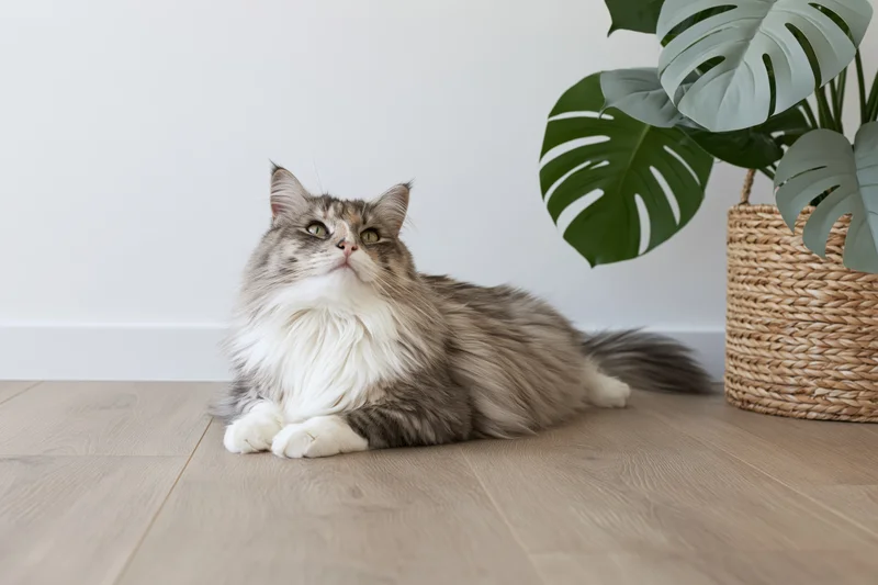 Fluffy grey and white long-haired cat lying relaxed on light wood floor beside a potted monstera plant in a wicker basket