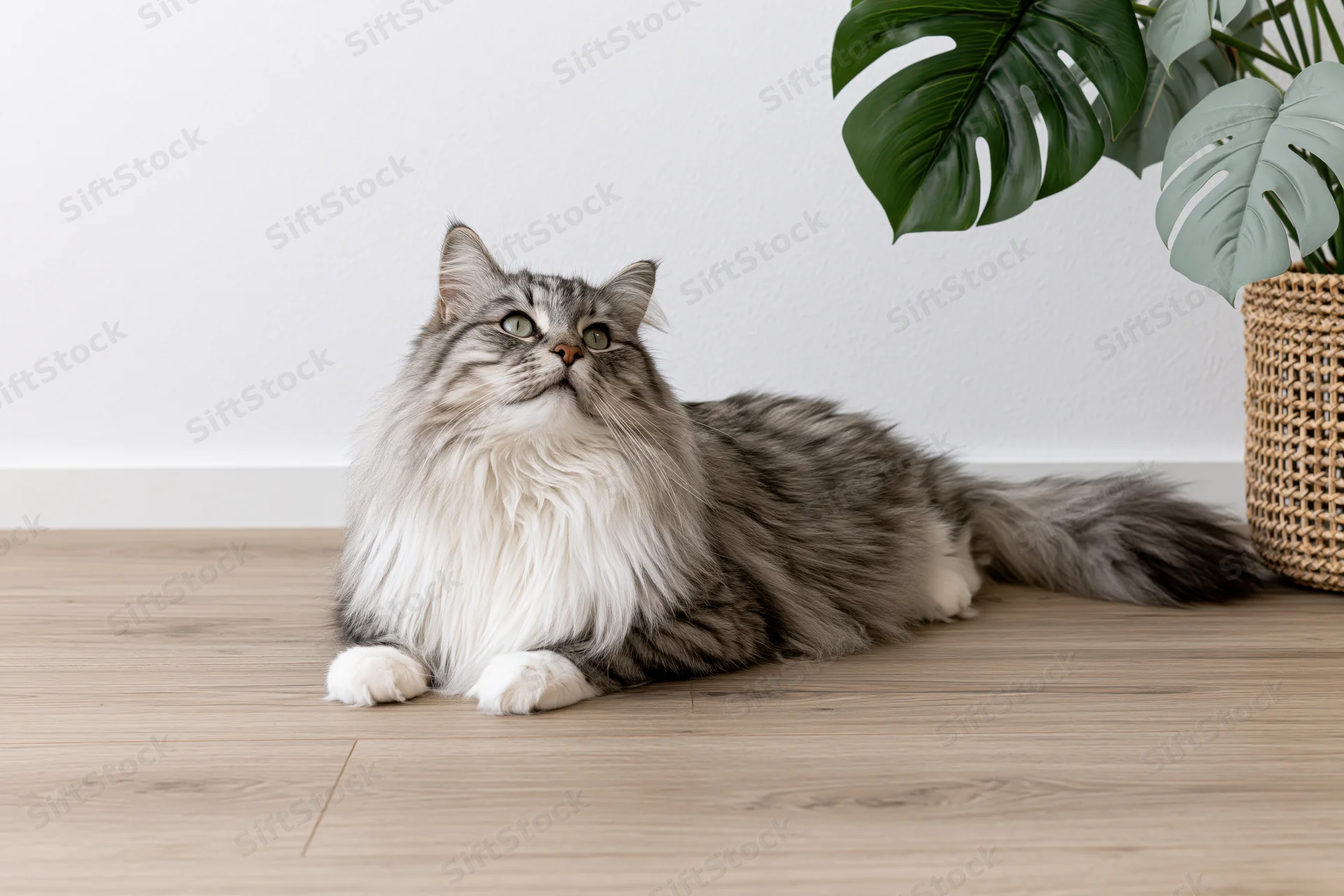 Fluffy grey and white long-haired cat lying relaxed on light wood floor beside potted monstera plant