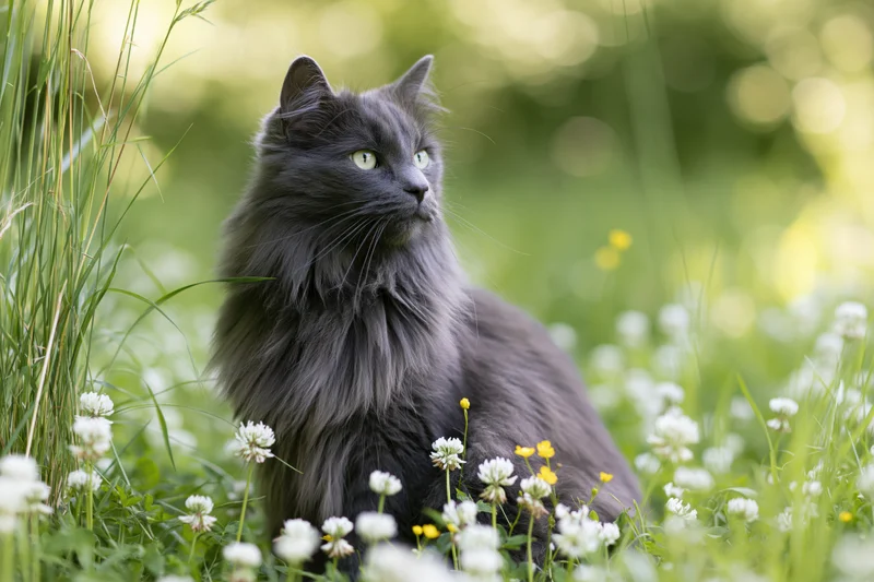 Fluffy grey longhaired cat sitting alert in a wild garden meadow among green grass and white yellow flowers