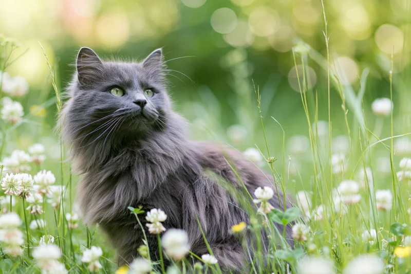 Fluffy grey longhaired cat sitting alert in a wild garden meadow among white clover flowers