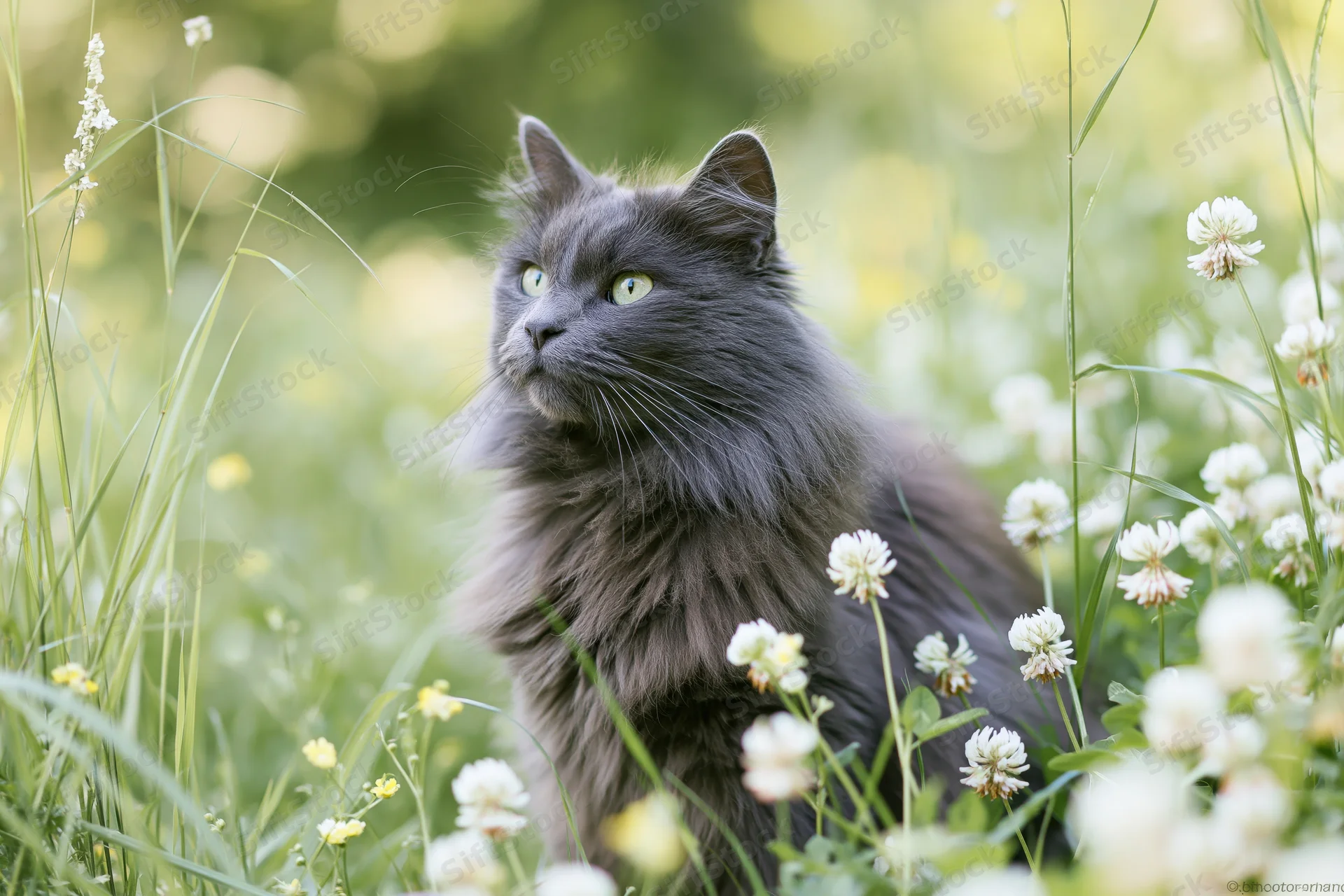 Fluffy grey longhaired cat sitting alert in a wild garden meadow among white clover and green grass