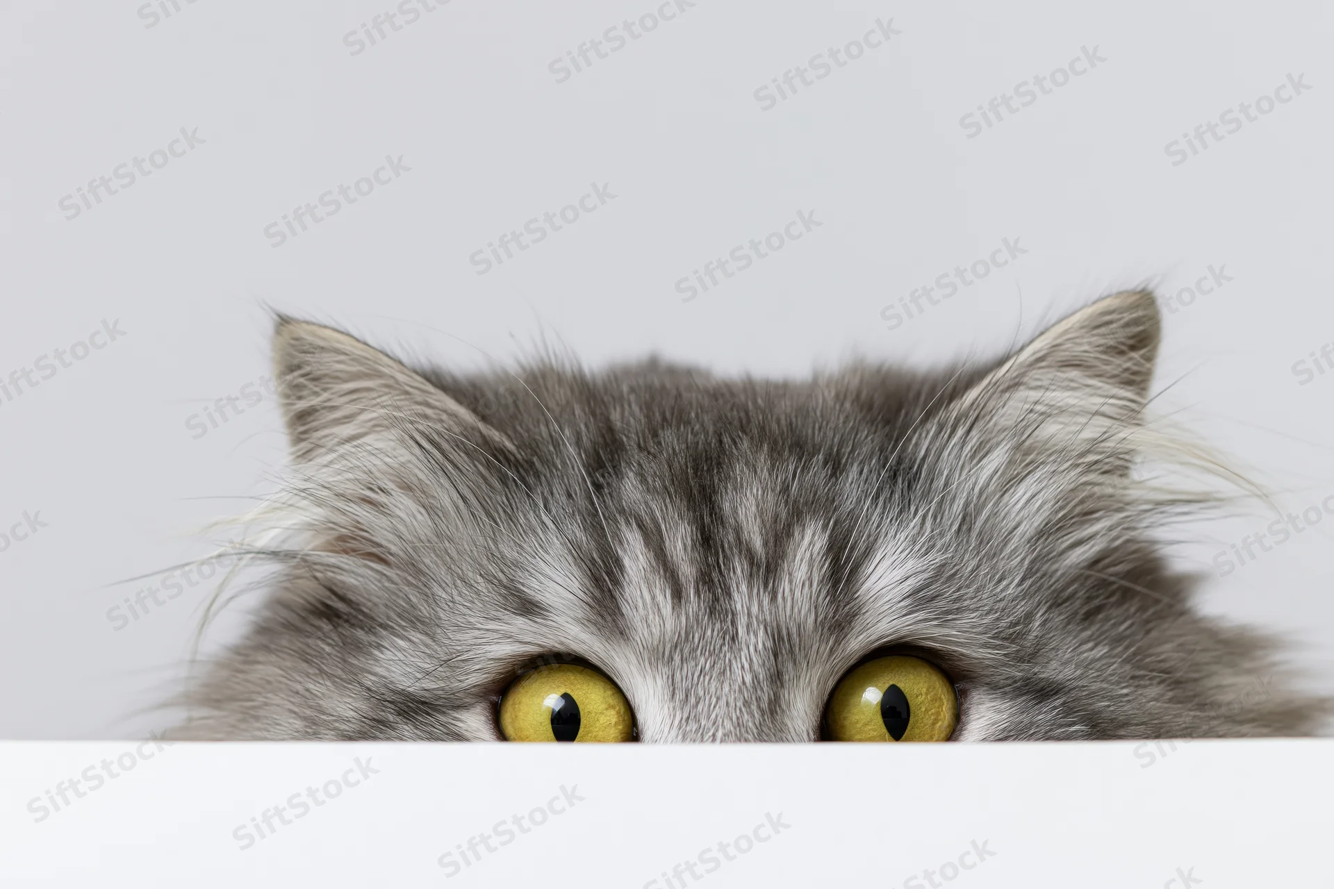 Fluffy grey tabby cat peeking over white surface with wide yellow eyes