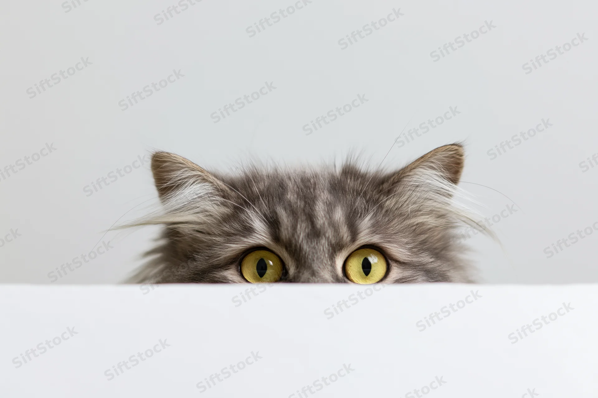 Fluffy grey tabby cat peeking over white surface with wide yellow eyes
