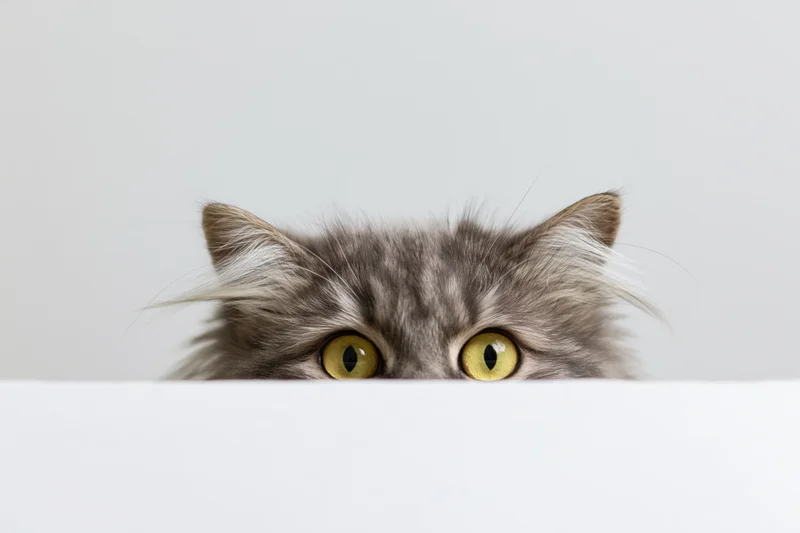 Fluffy grey tabby cat peeking over white surface with wide yellow eyes