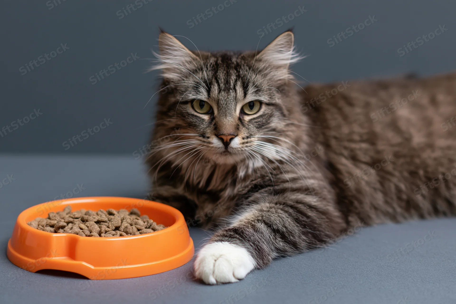 Fluffy tabby cat lying beside orange food bowl on grey surface