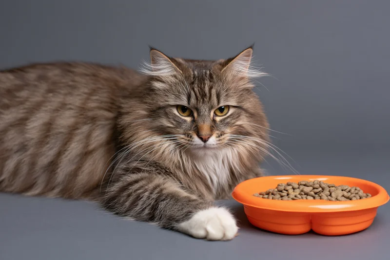Fluffy tabby cat lying beside an orange bowl of dry kibble on a gray surface