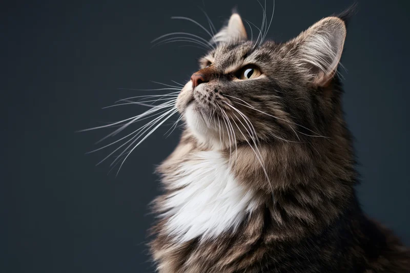 Fluffy tabby cat gazing upward in studio portrait against dark background