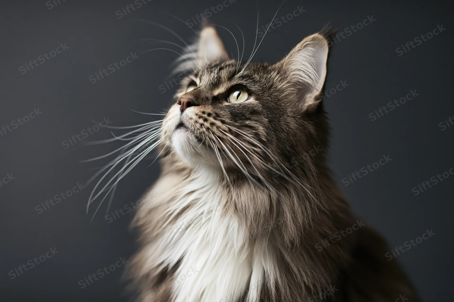 Fluffy tabby cat gazing upward with alert expression in studio portrait