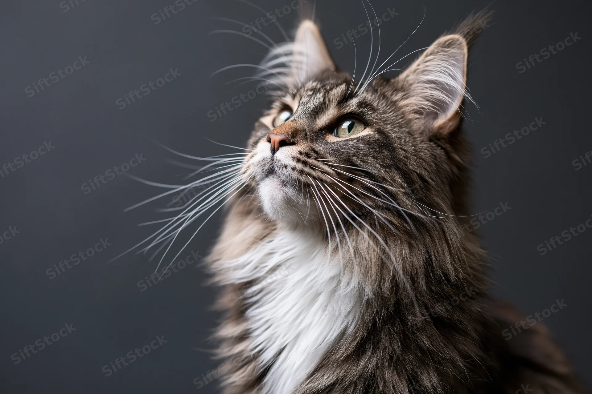 Fluffy tabby cat gazing upward with alert eyes against dark background