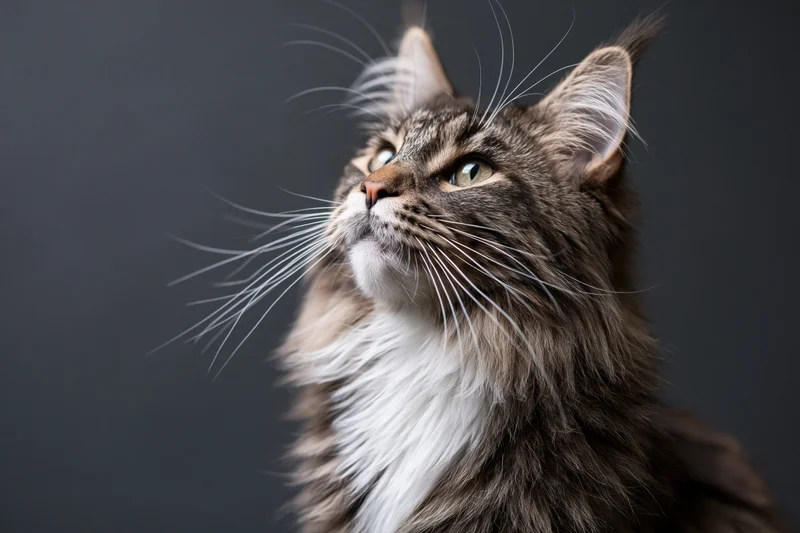 Fluffy tabby cat gazing upward with alert eyes against dark background