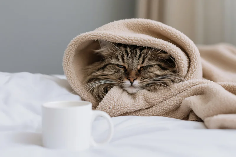 Fluffy tabby cat sleeping snugly wrapped in a beige fleece blanket on a bed with a white mug nearby