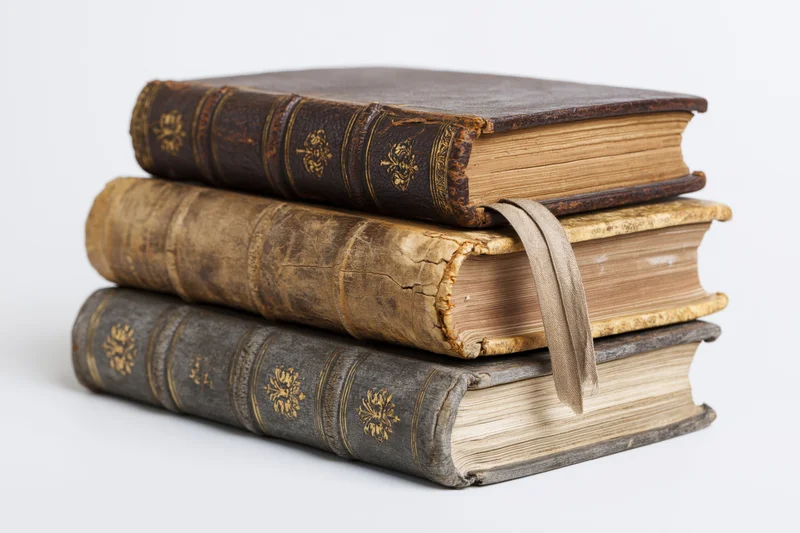 Stack of three antique leather-bound books with gold embossing on spines, arranged horizontally on white background