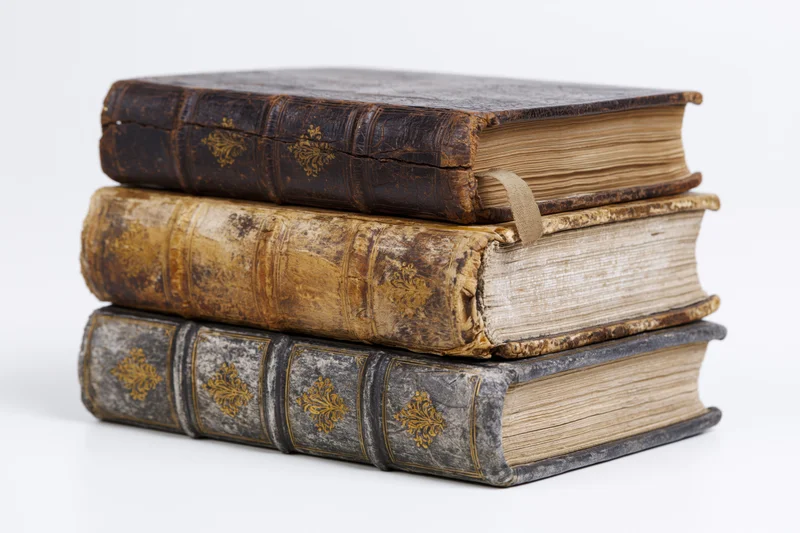Stack of three antique leather-bound books with embossed gold decoration on white background
