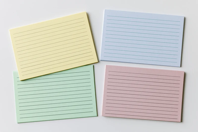 Four blank lined index cards arranged in a two-by-two grid on a white surface