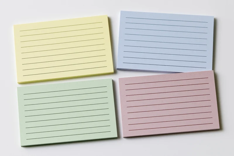 Four pastel-colored lined index cards arranged in a two-by-two grid on a white surface