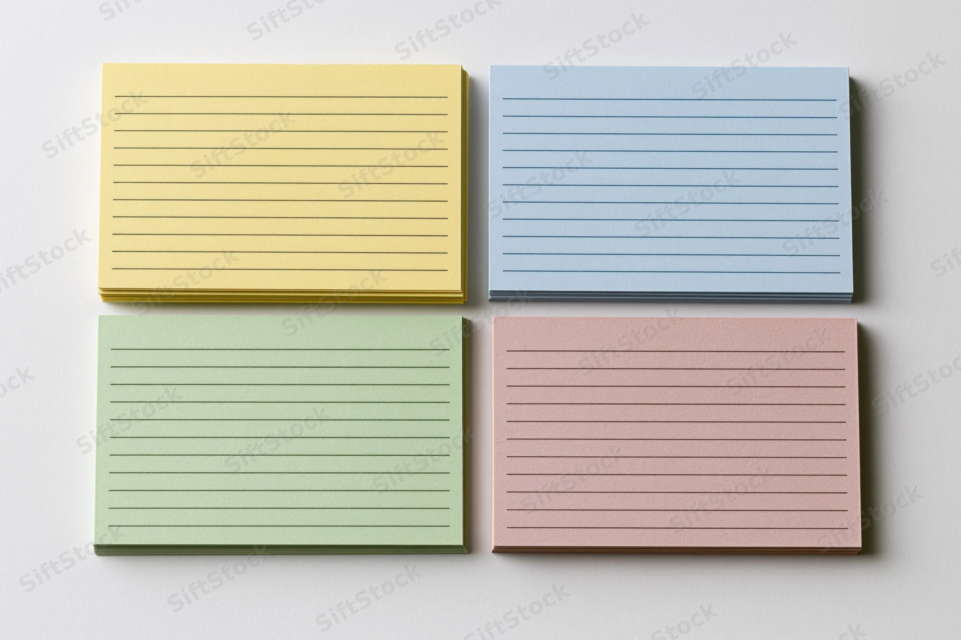 Four blank lined index cards arranged in a two-by-two grid on a white surface