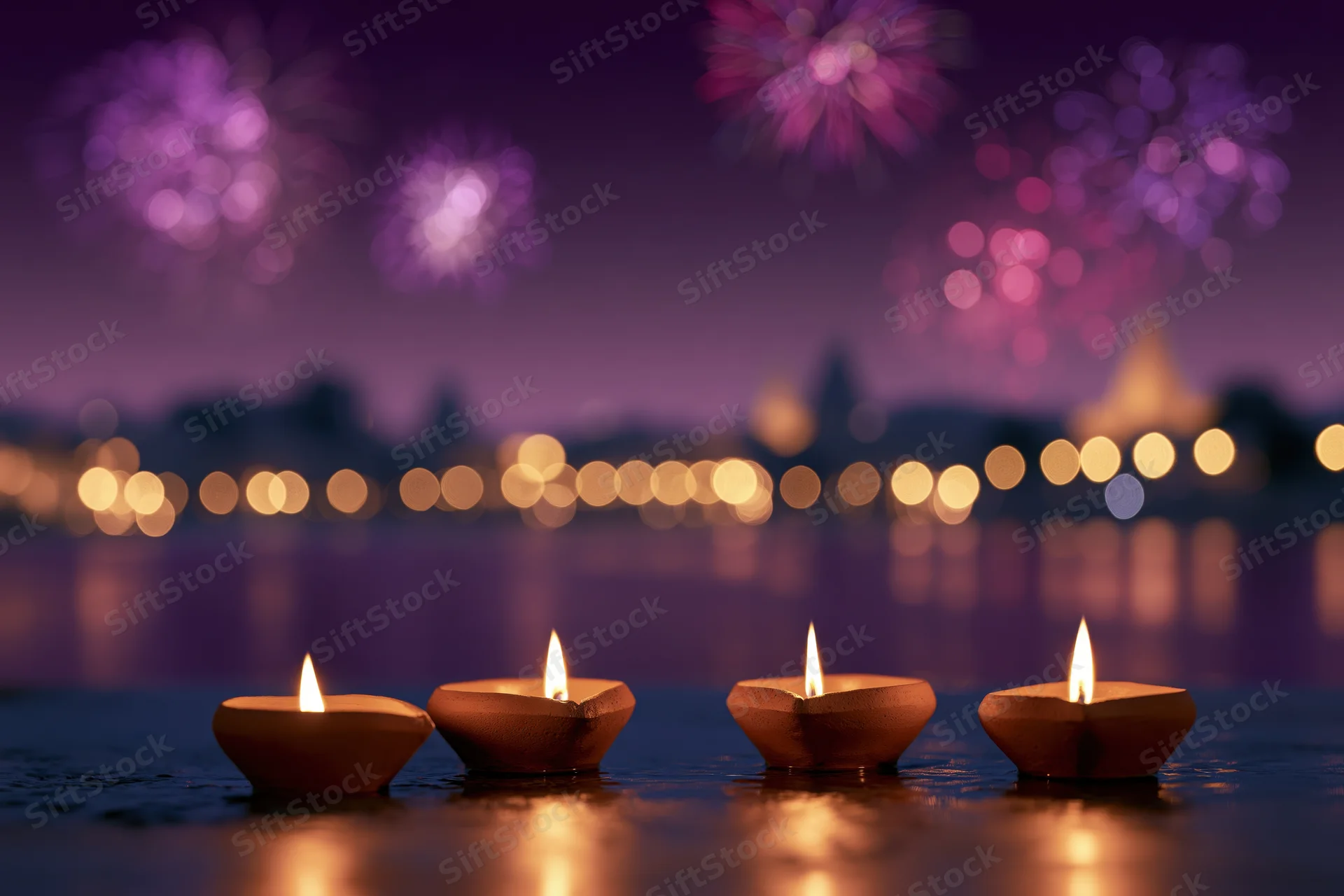 Four clay diya oil lamps floating on water with fireworks in the background at night