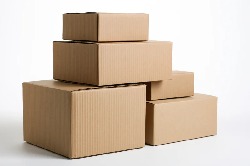 Stacked cardboard boxes arranged in a stepped formation on a white surface