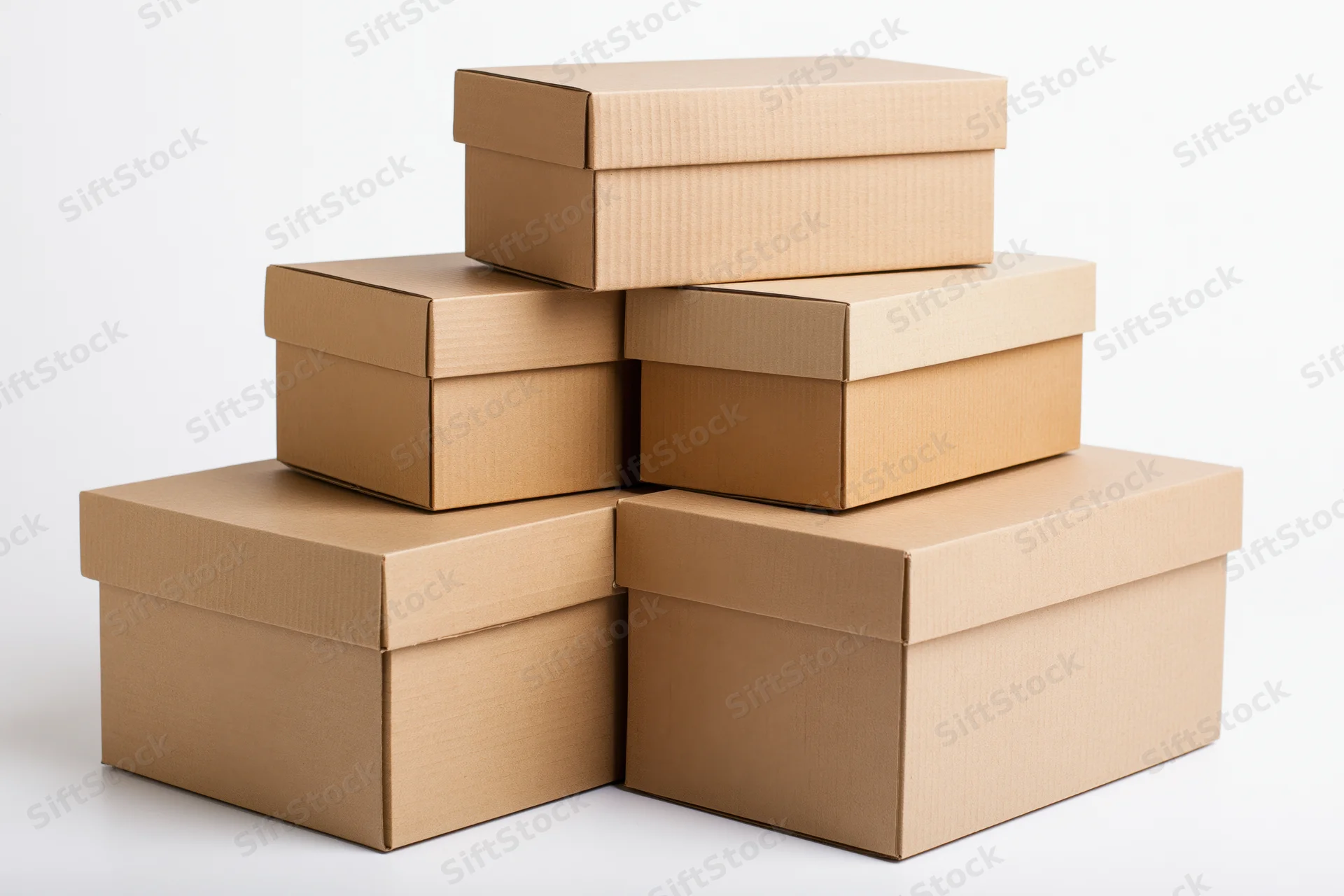 Four closed corrugated cardboard boxes stacked in a stepped pyramid formation on a white surface