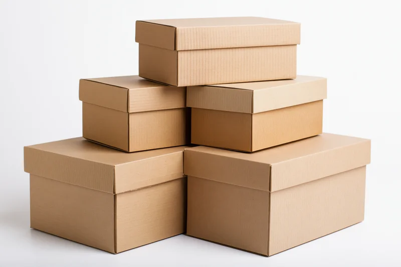 Four closed corrugated cardboard boxes stacked in a stepped pyramid formation on a white surface