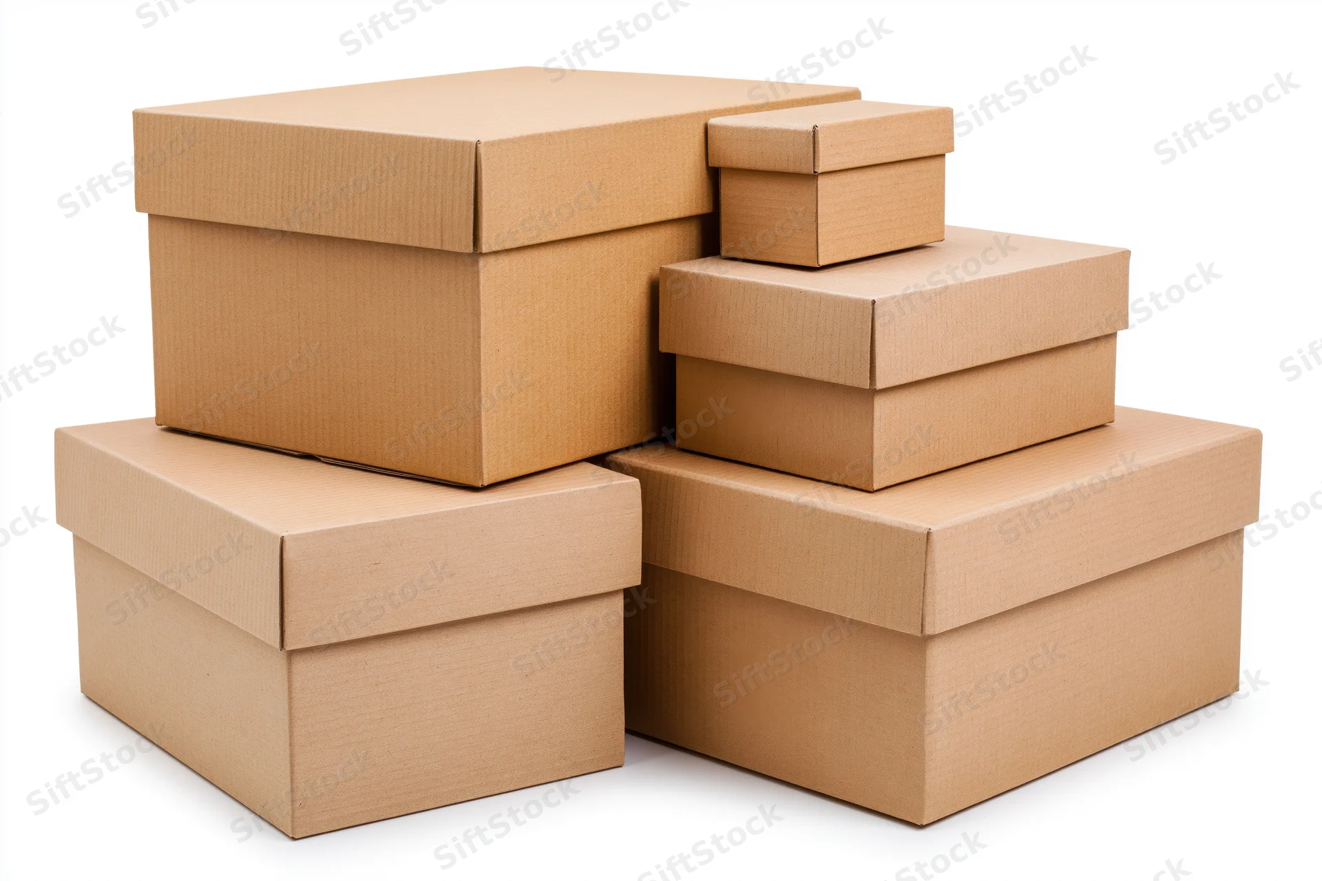 Stacked cardboard boxes arranged in a stepped formation on a white background