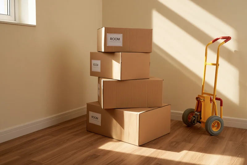 Stacked cardboard moving boxes labeled room in a sunlit room corner with handtruck nearby