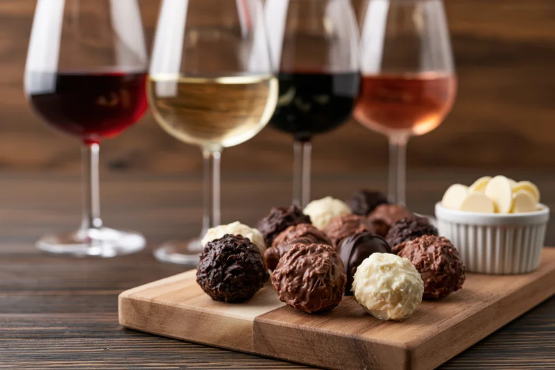 Four wine glasses with red white dark red and rosé wine arranged behind chocolate truffles on a wooden board with cheese on a table