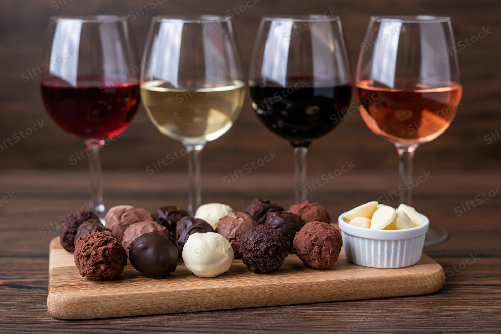 Four wine glasses with red white dark red and rosé wine arranged behind chocolate truffles on a wooden board