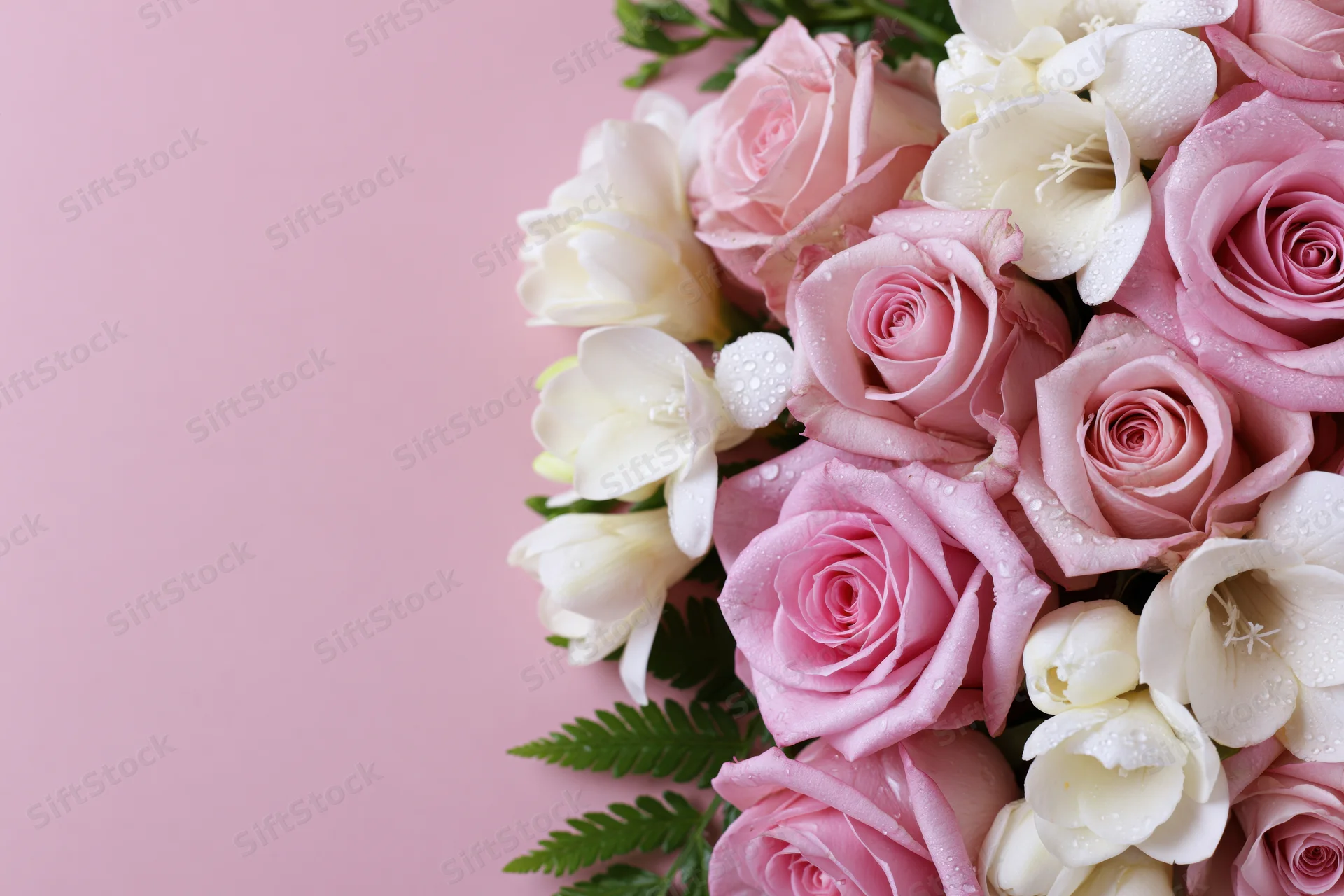 Pink roses and white freesias in a bouquet with dew drops on a pink background