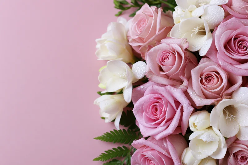 Pink roses and white freesias in a bouquet with dew drops on a pink background