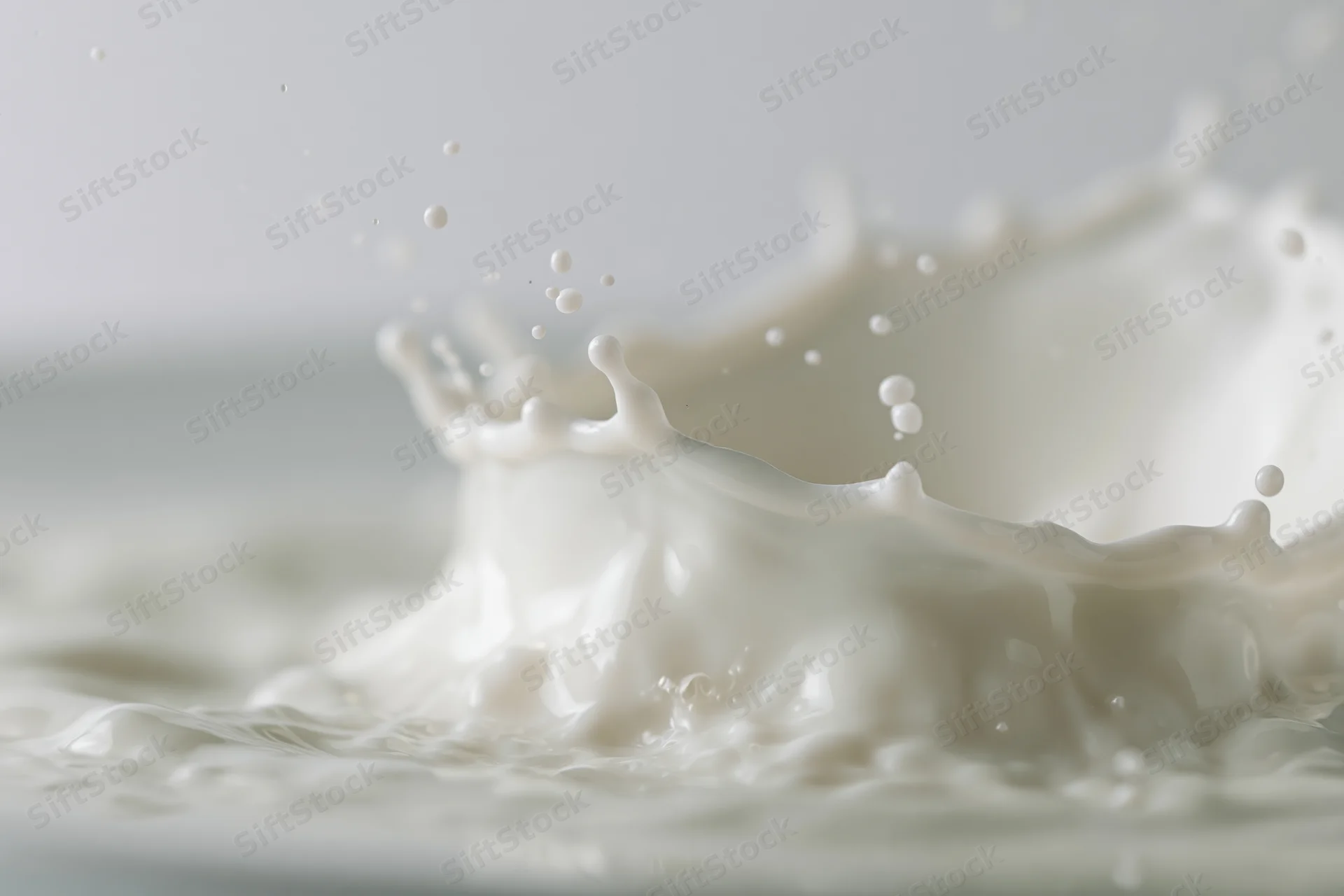Milk splash frozen mid-motion forming a crown with droplets suspended in air