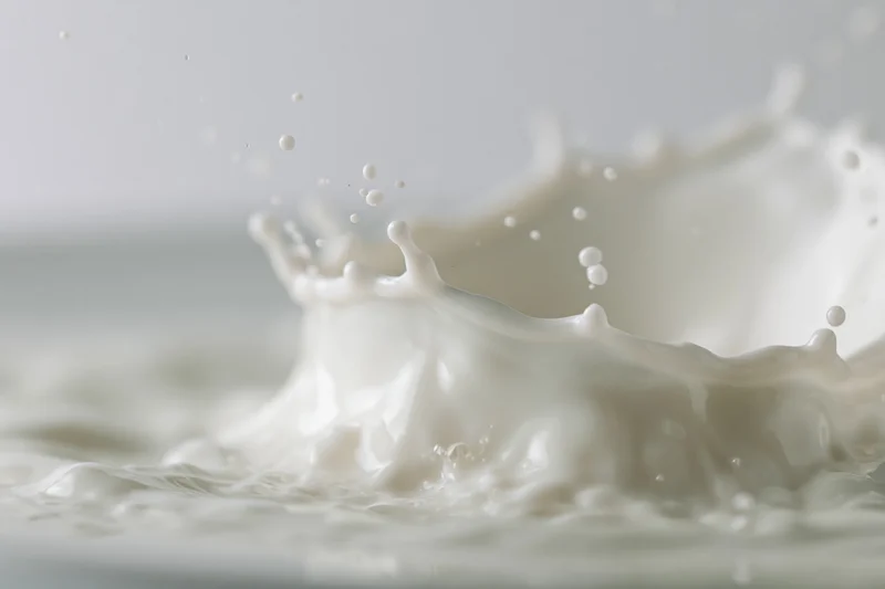 Milk splash frozen mid-motion forming a crown with droplets suspended in air