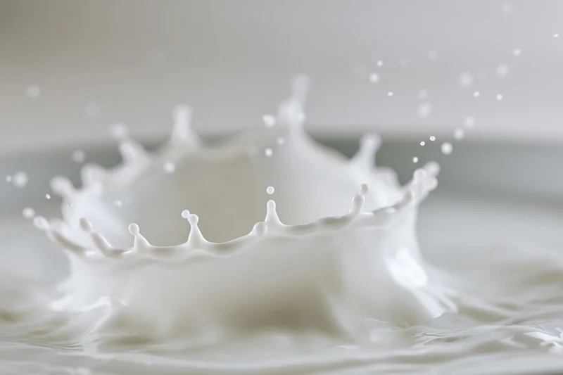 Fresh milk splash frozen mid-motion small droplets and a crow